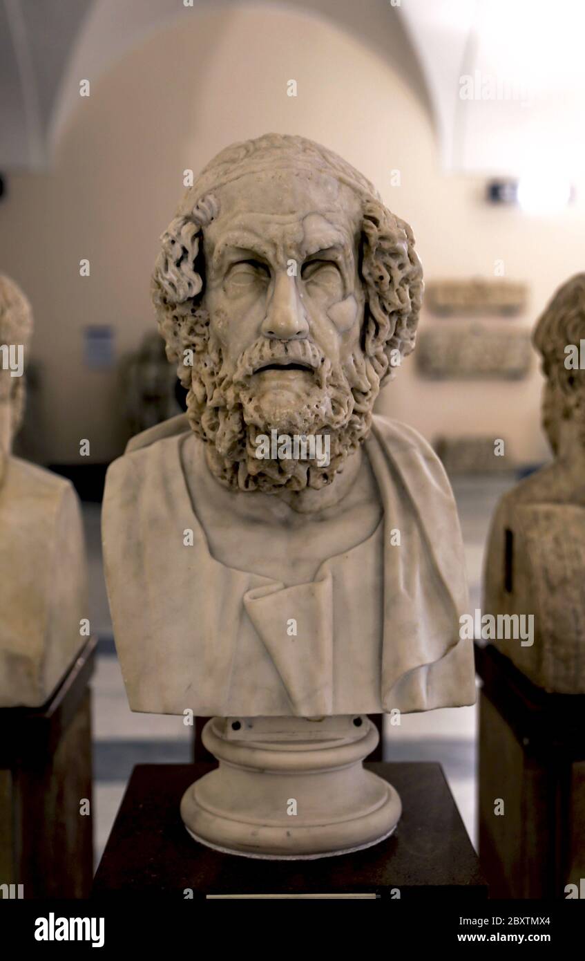 Homer, philosopher. Roman marble bust. (AD 138-192) Antonine copy of a Greek original. Hellenistic type. Naples Archaeological Museum. Stock Photo