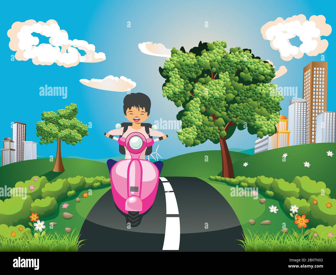 Cartoon girl riding scooter in the small town background Stock Vector