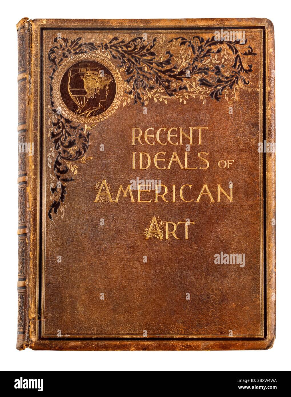 An 1890 hardbound leather cover of the published book Recent Ideals of American Art Stock Photo