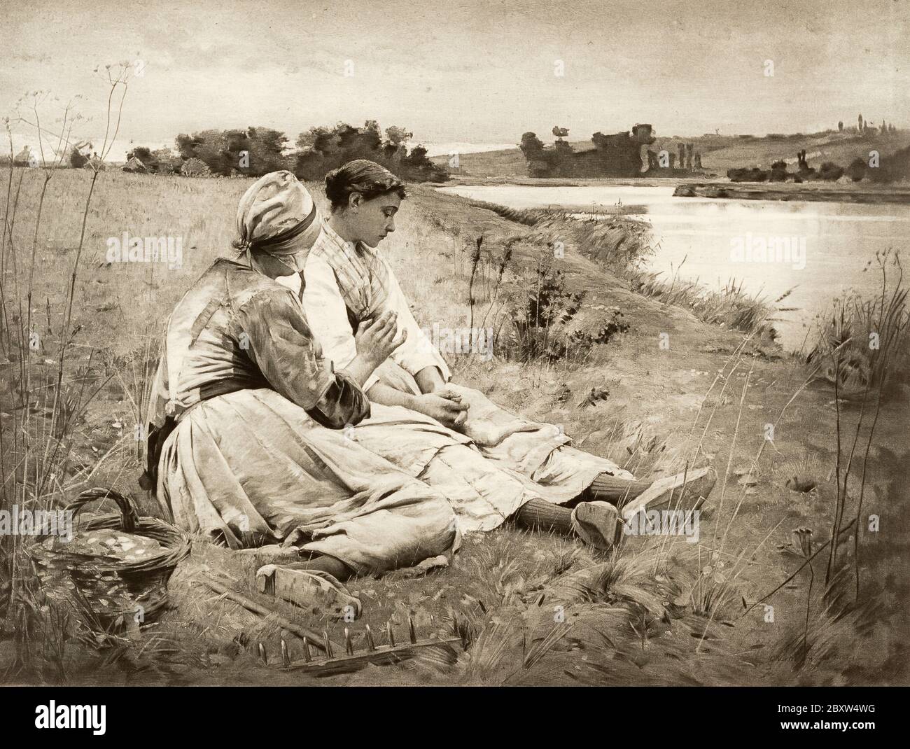 1890 photogravure of a painting by American artist Charles S. Pearce with the caption, On the Bank of the Brook. Stock Photo
