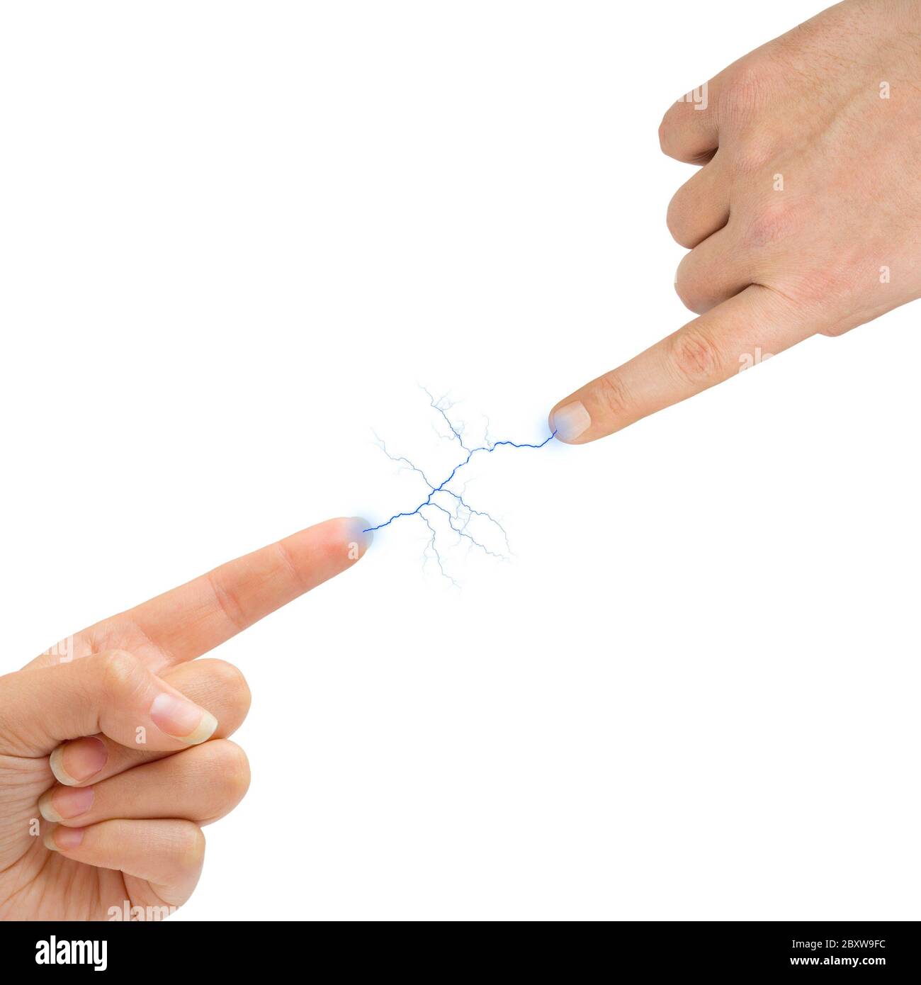 Woman and man hands and lightning Stock Photo - Alamy