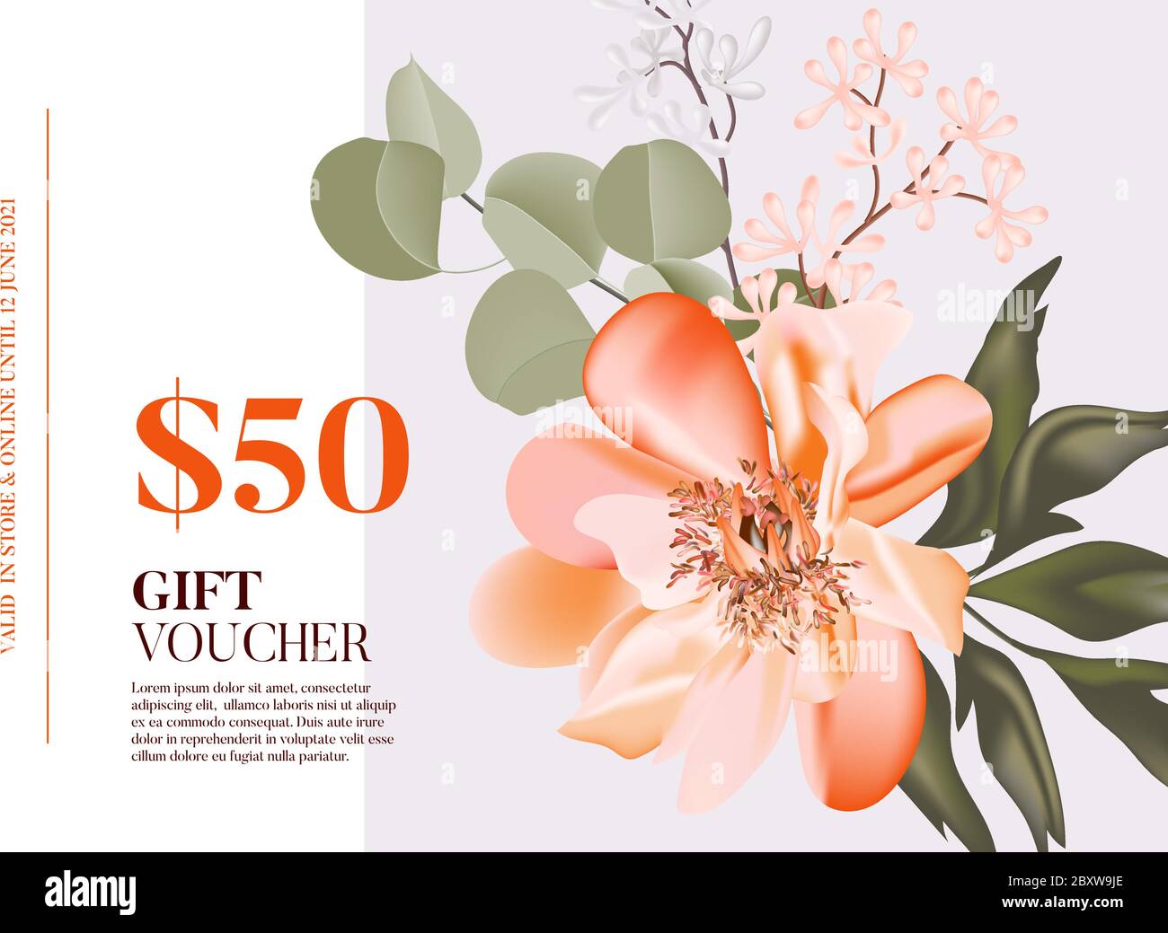 Floral lily bloom ,  dahila flower with eucaluphys leaves and blossom vector businessgift card. Voucher template, card with anise magnolia garden bouq Stock Vector