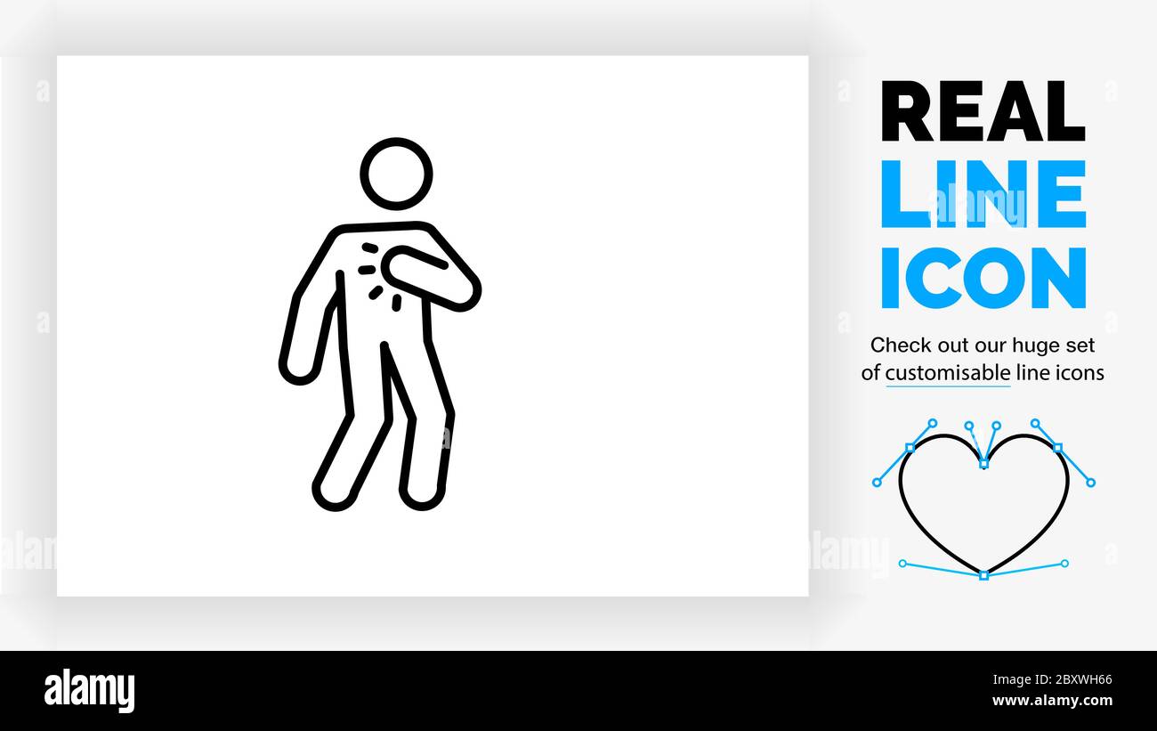 editable real line icon of a outline stick figure having a heart attack