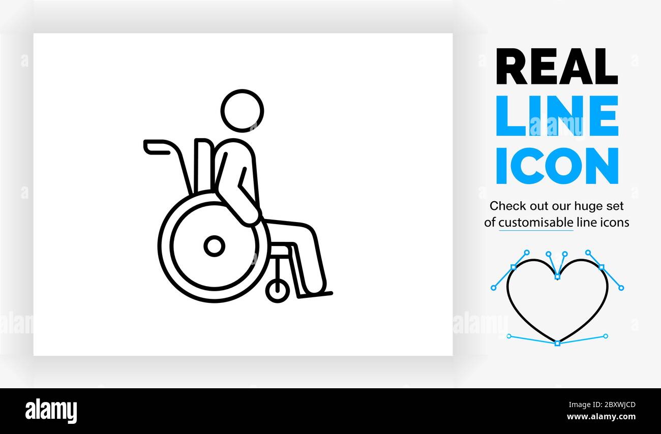 Editable real line icon of a old stick figure man in a wheelchair Stock Vector