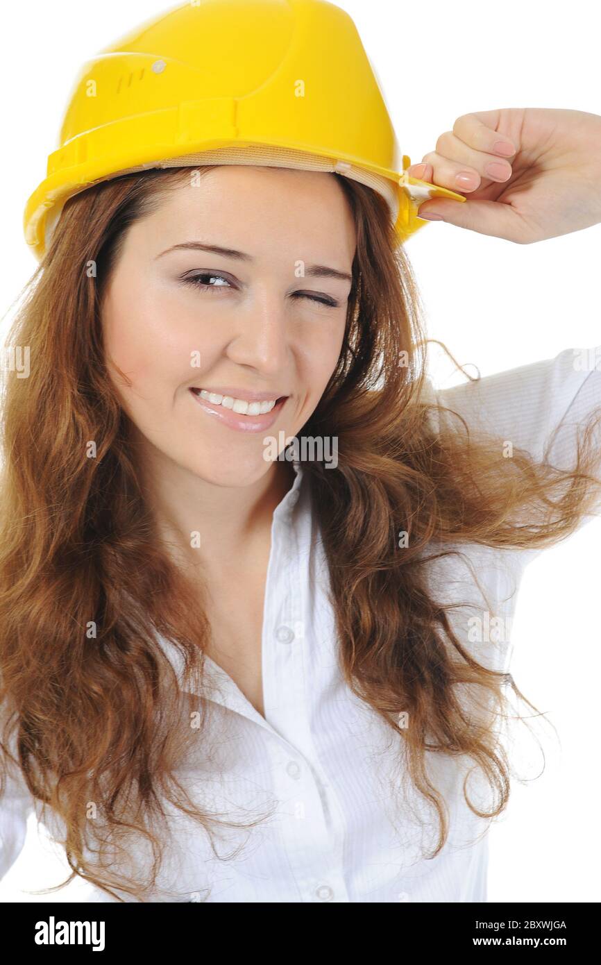woman with construction helmet Stock Photo Alamy