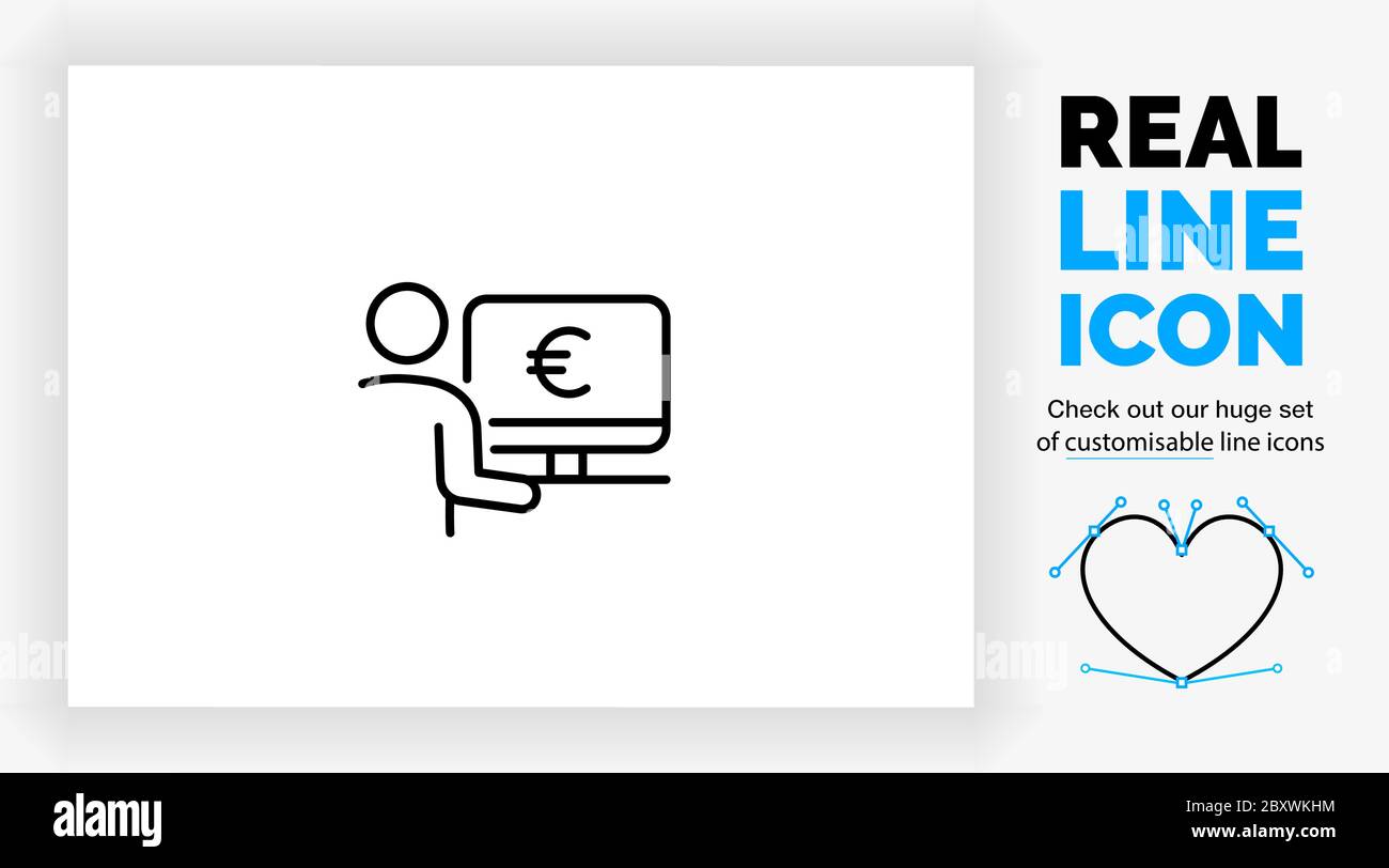 Editable real line icon of a stick figure person at his desk on a computer checking his money balance Stock Vector