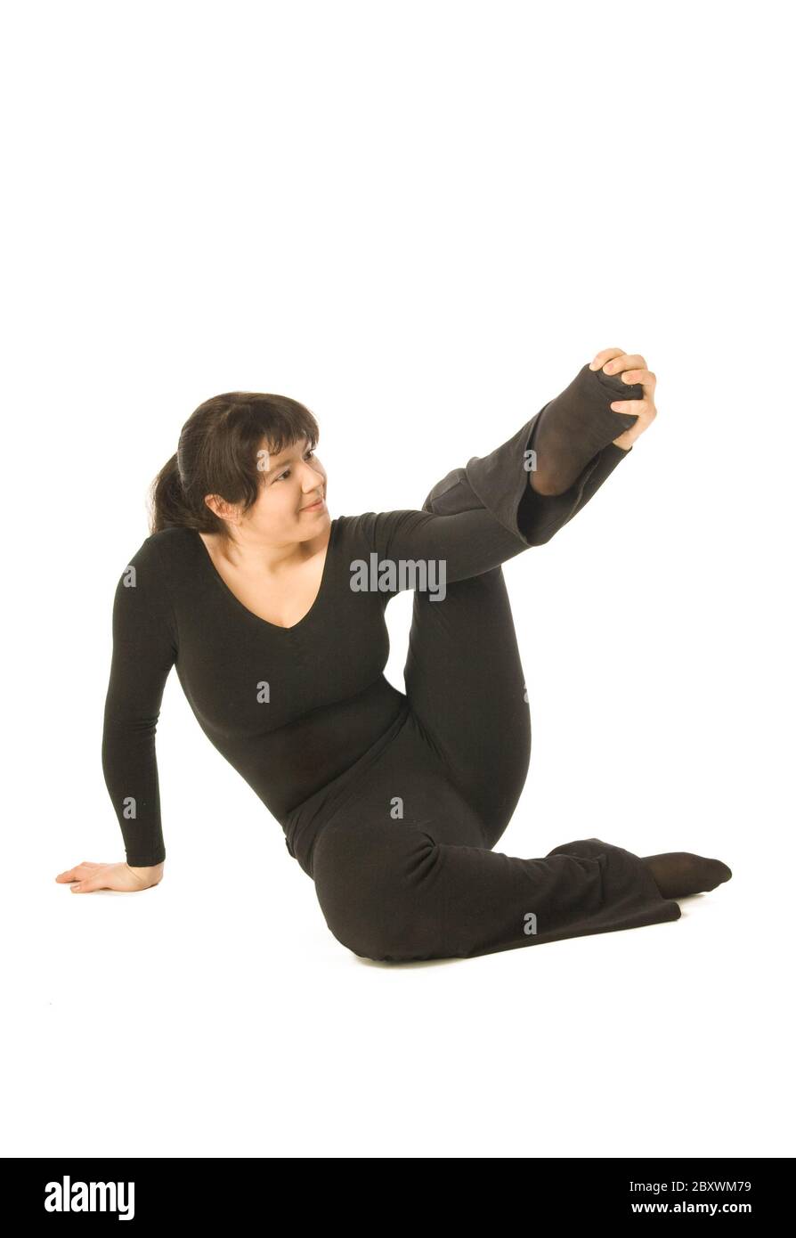 Woman doing exercises on white background Stock Photo
