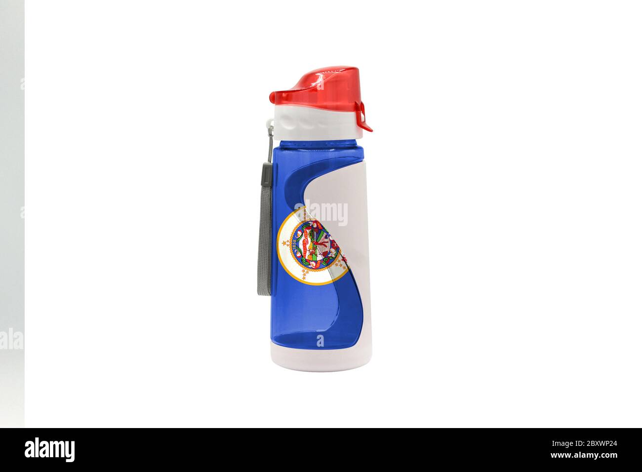Sports Water Bottle with State of Minnesota flag on the bottle and isolated on a white background. Healthy lifestyle concept. Stock Photo