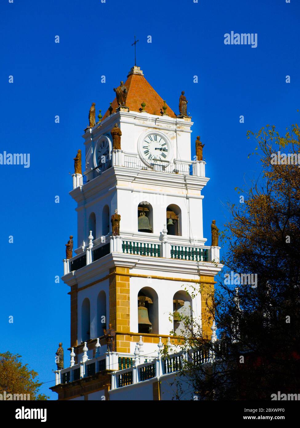 White tower of Metropolitan Cathedral in Sucre, Bolivia Stock Photo