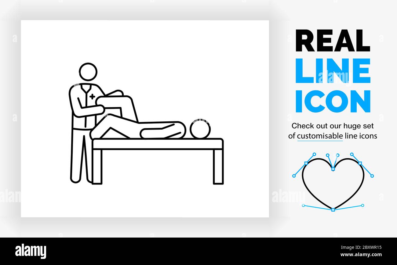 Editable real line icon of a doctor stick figure in full body view doing a check on a patient Stock Vector