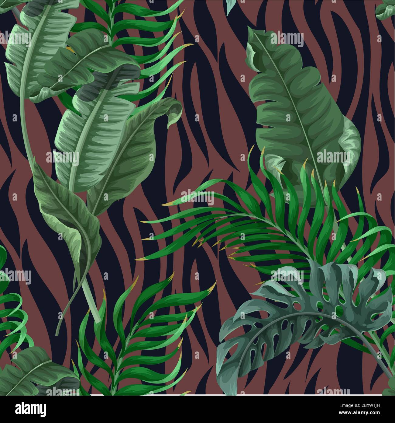 Seamless zebra skin pattern with tropical leaves. Vector Stock Vector ...