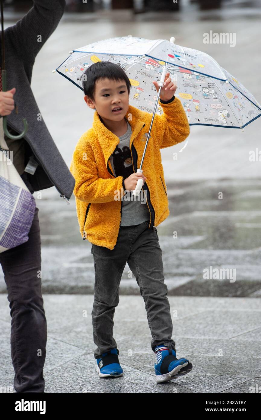 A Japanese boy holding an umbrella on a rainy morning at Meiji shrine in Tokyo, Japan Stock Photo