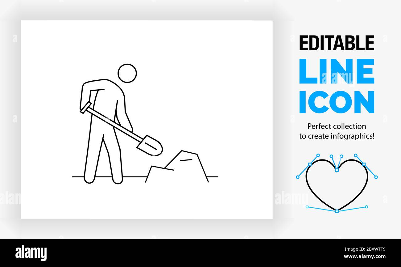 ditable line icon of a stick figure shovelling Stock Vector