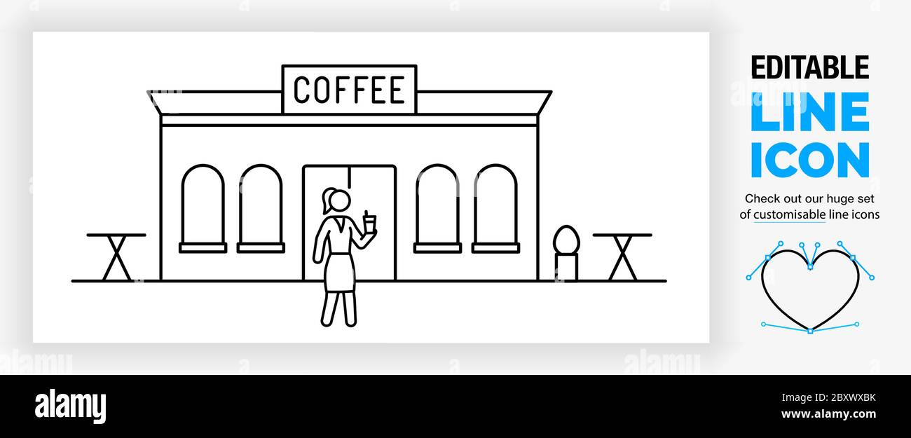 Editable real line icon of a coffee shop building including tables Stock Vector