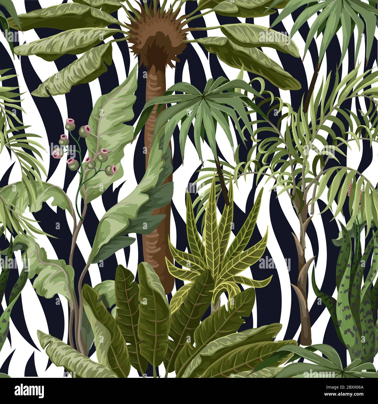 Seamless zebra skin pattern with tropical leaves. Vector Stock Vector ...