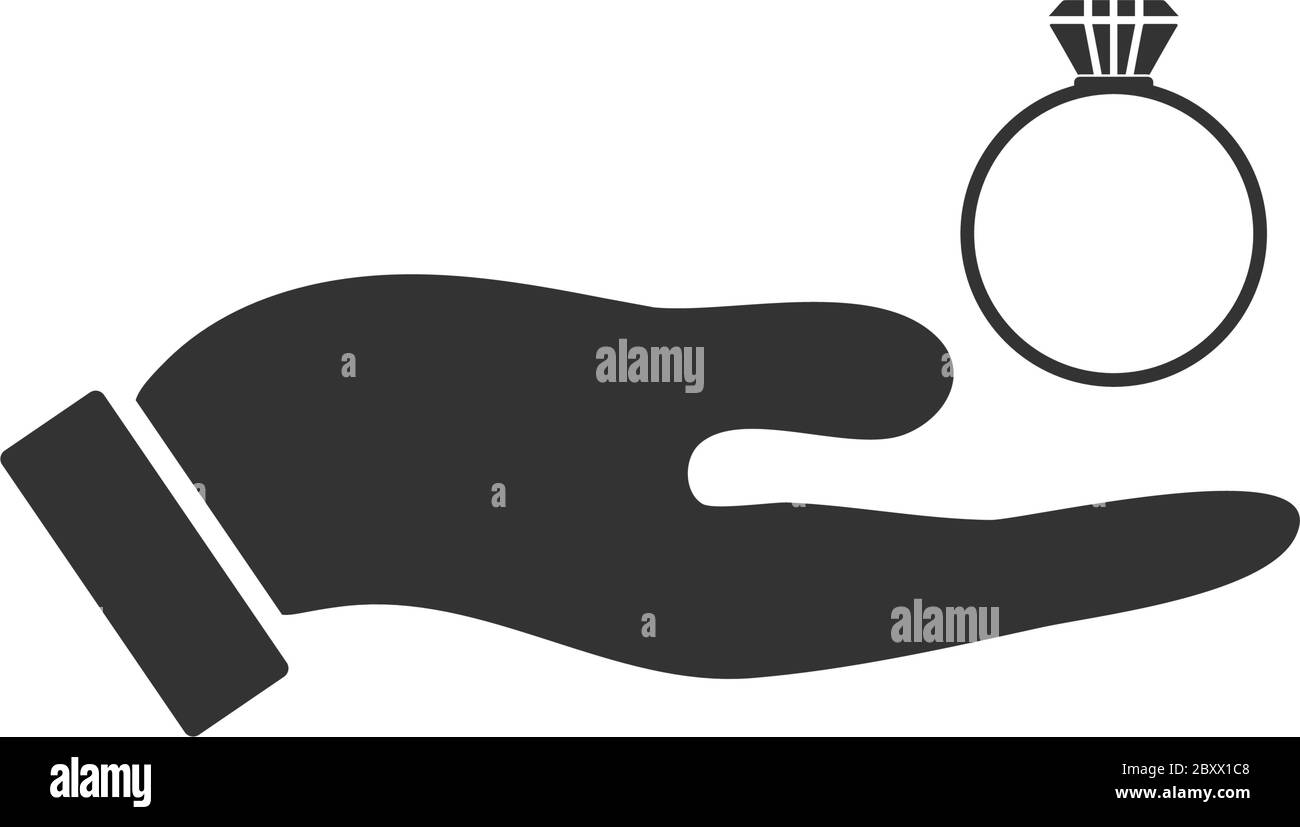 Male hands holding engagement ring. Black Icon Flat on white background