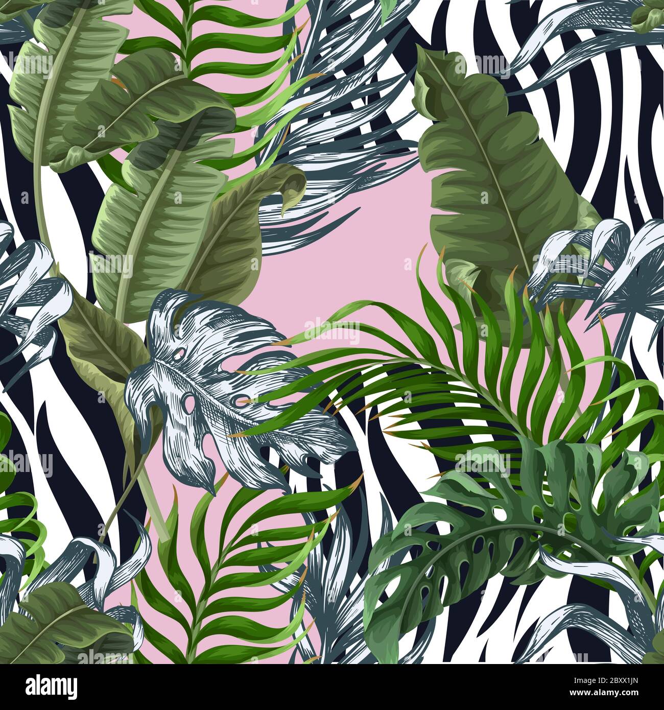 Seamless zebra skin pattern with tropical leaves. Vector Stock Vector ...