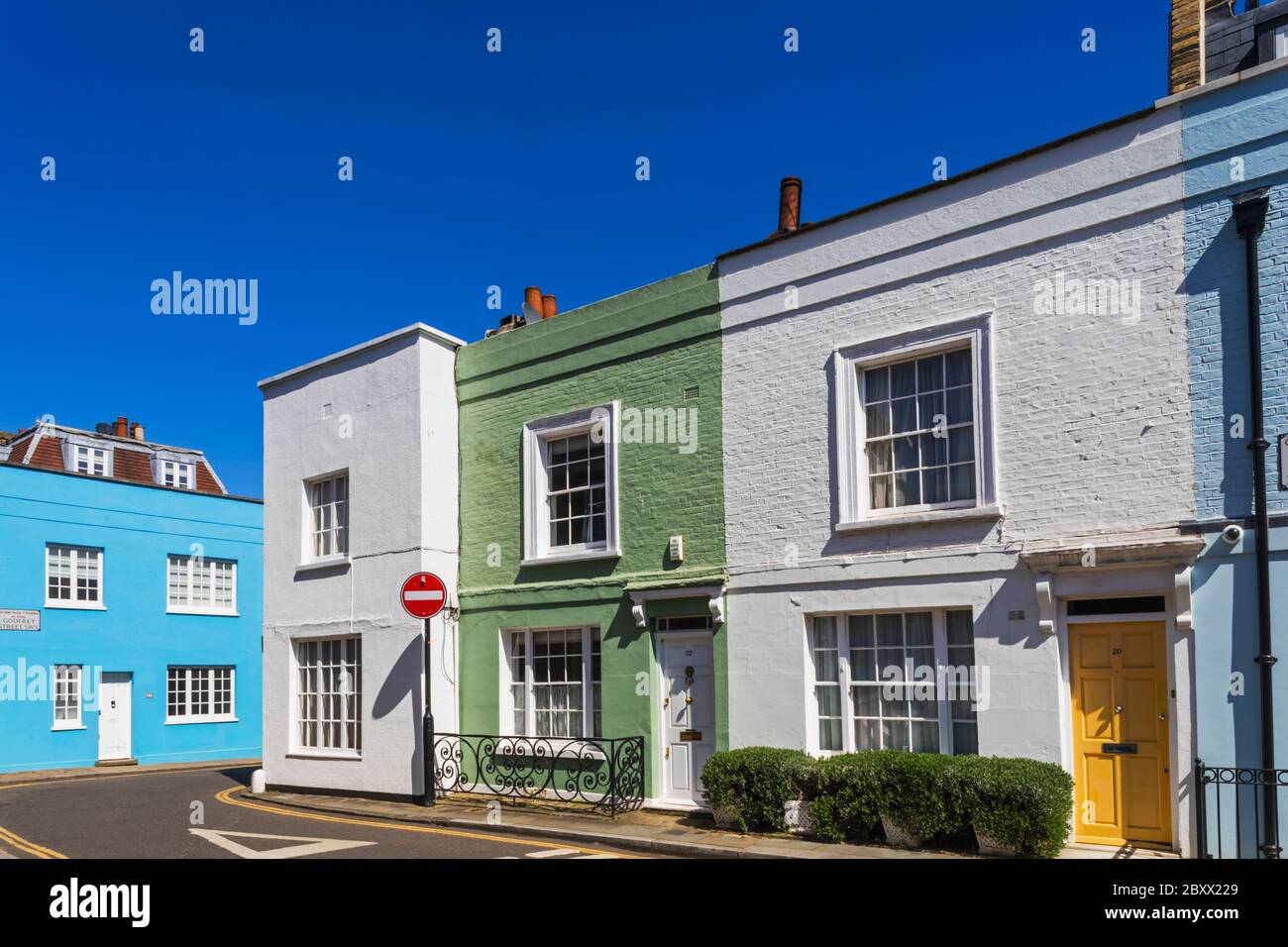 England, London, Westminster, Kensington and Chelsea, Colourful Residential Houses in Godfrey Street and Burnsall Street Stock Photo