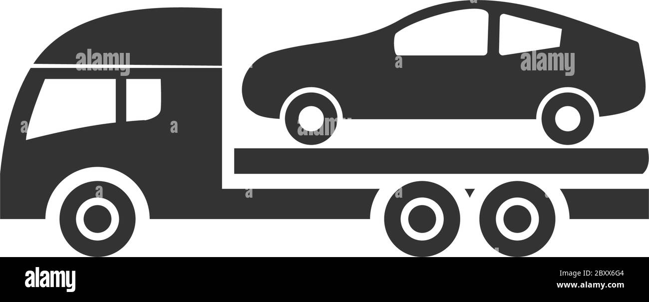 Tow car evacuation. Black Icon Flat on white background Stock Vector