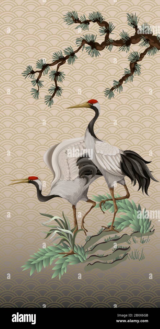 Folding screen in chinoiserie style with white cranes. Vector Stock ...