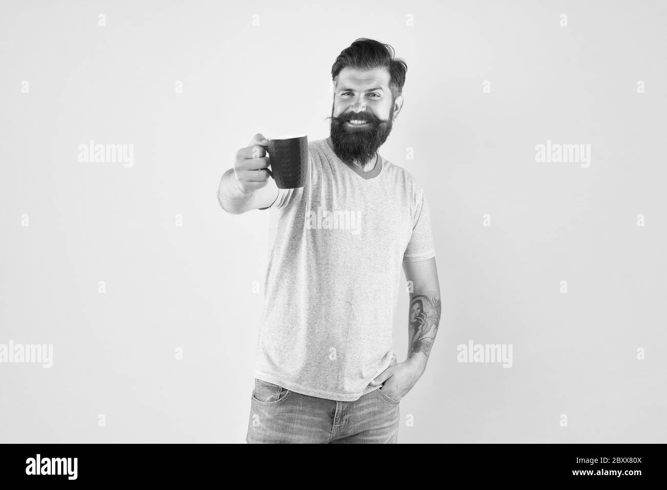 My morning coffee. man casual style drink tea. good morning coffee