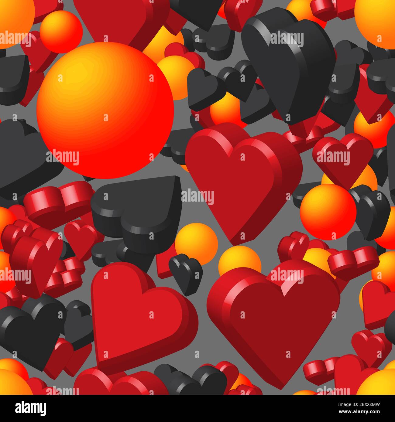 Red Black Hearts and Balls on Gray Seamless Pattern Stock Vector