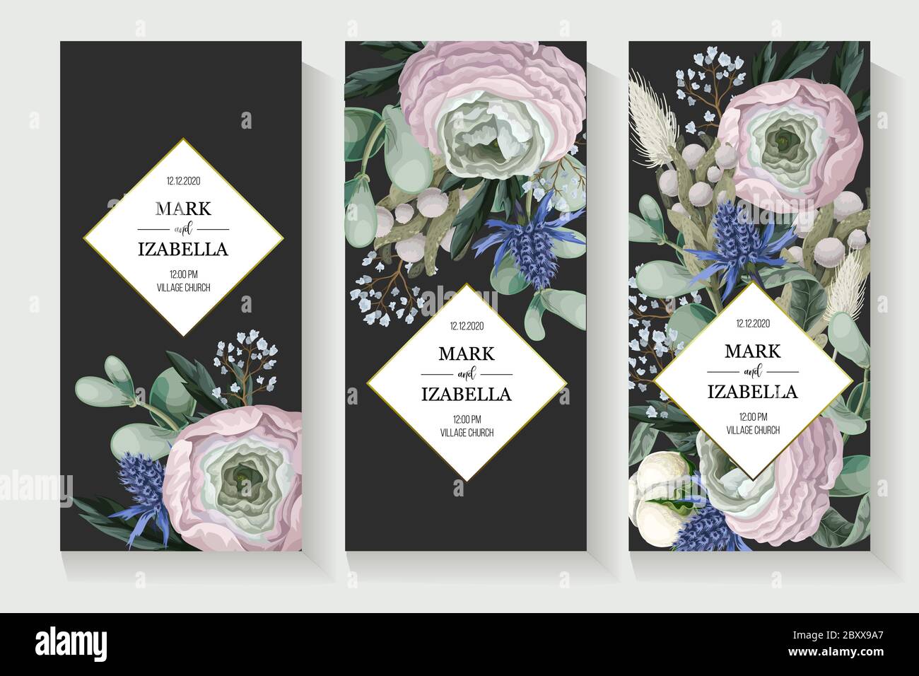 Delicate wedding invitation with ranunculus, eucalyptus and wild flowers . Vector. Stock Vector