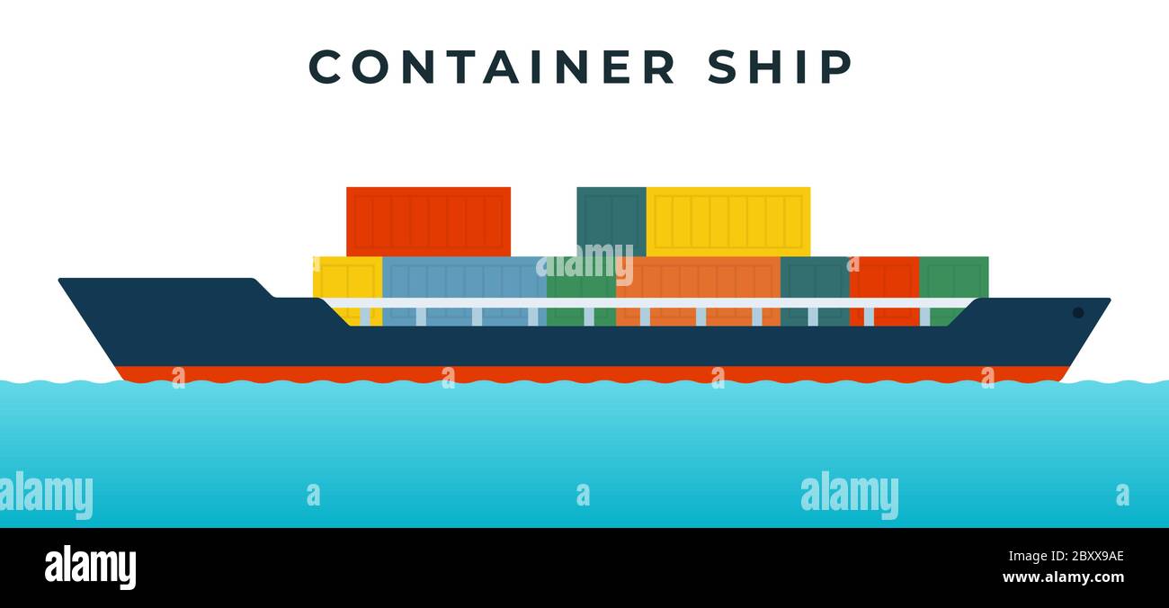 Container ship for transporting goods in standardized containers vector icon flat isolated. Stock Vector
