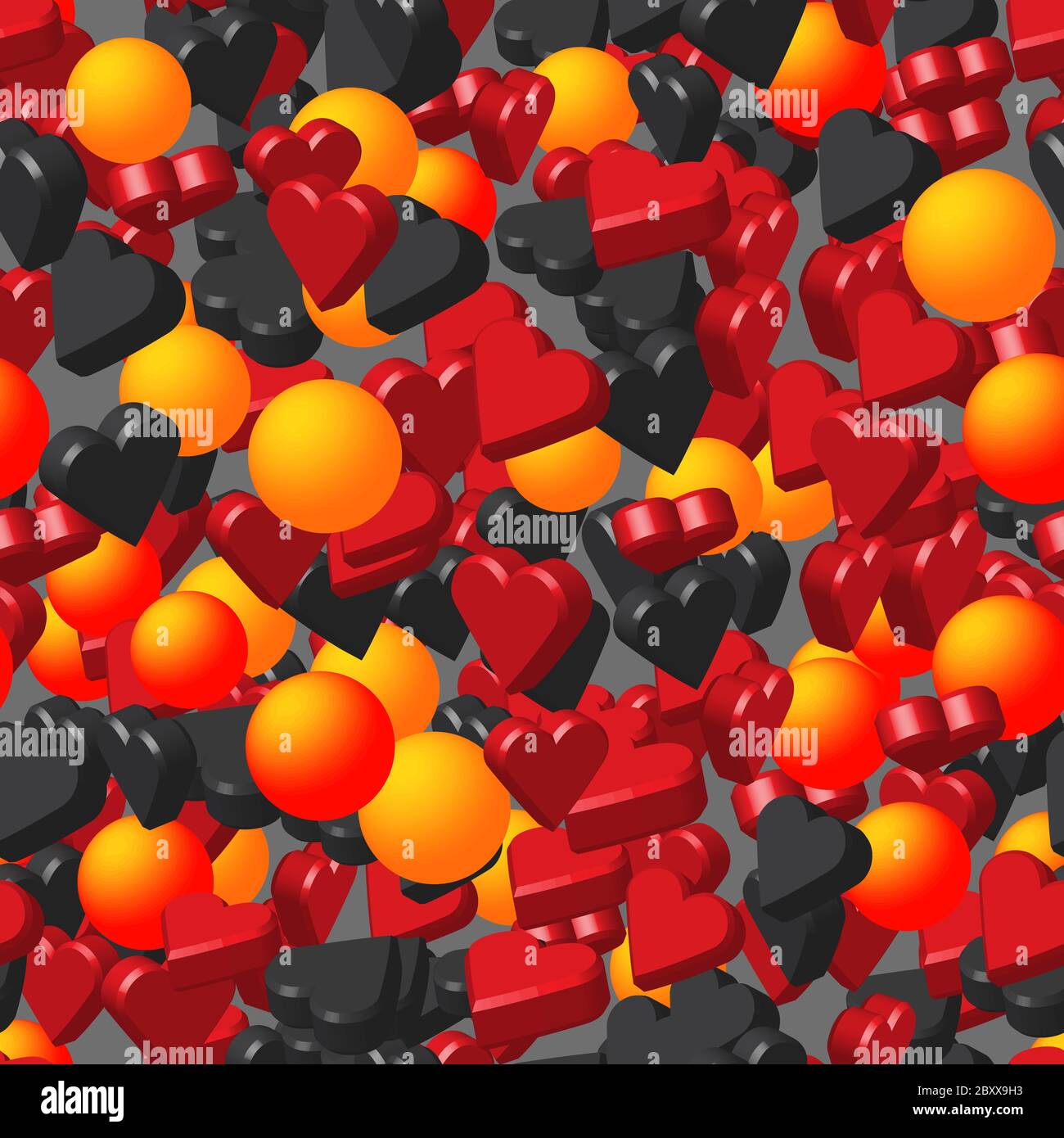 Red Black Hearts and Balls on Gray Seamless Pattern Stock Vector