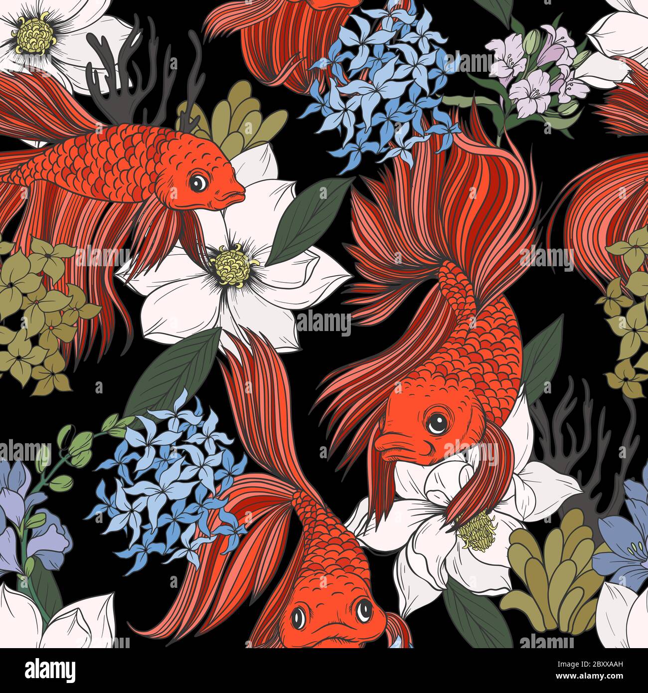 Seamless pattern with fish and flowers in graphic style. Vector Stock ...