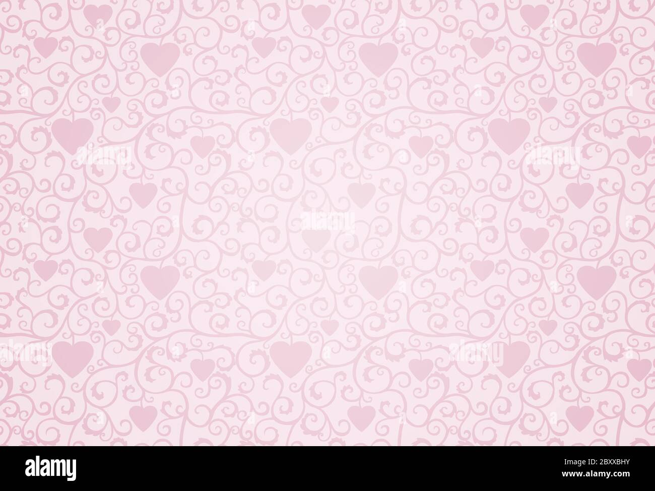Pink background with curls and hearts. Stock Vector