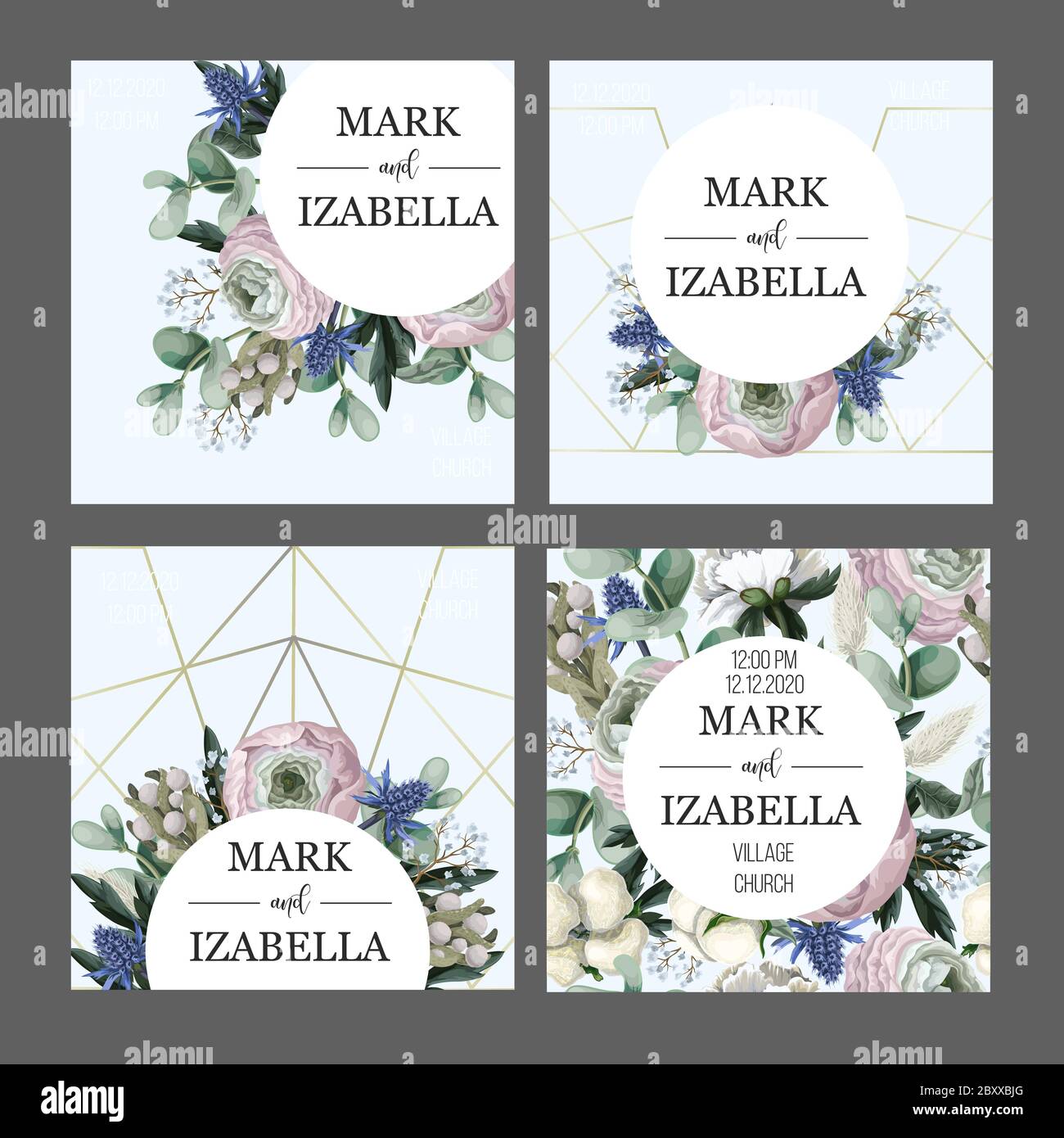 Delicate wedding invitation with ranunculus, eucalyptus and wild flowers . Vector. Stock Vector