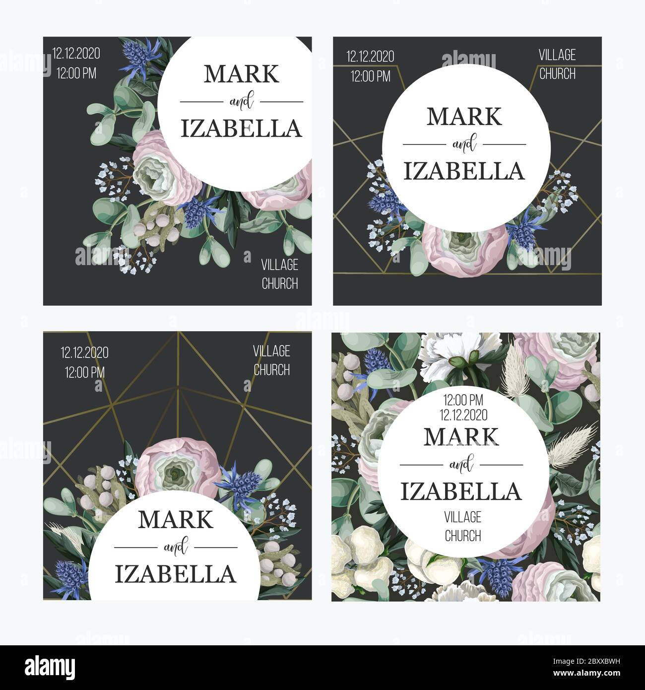 Delicate wedding invitation with ranunculus, eucalyptus and wild flowers . Vector. Stock Vector