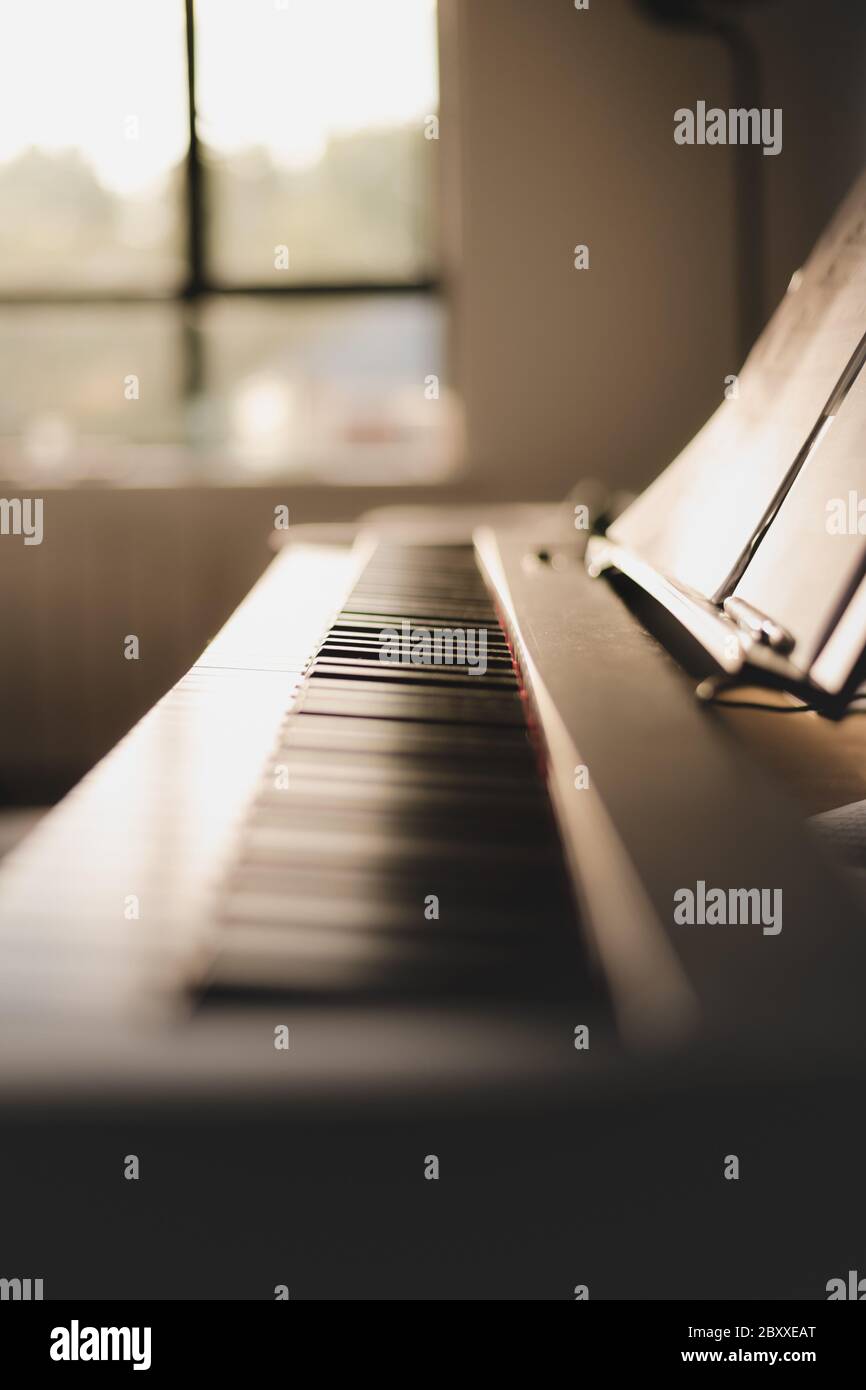 Length shot of 88 key piano keyboard inside a home with morning golden