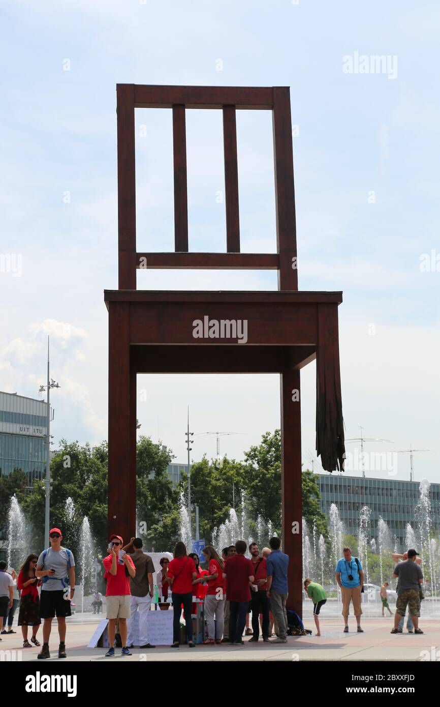 Three legged chair monument in Geneva, Switzerland Stock Photo