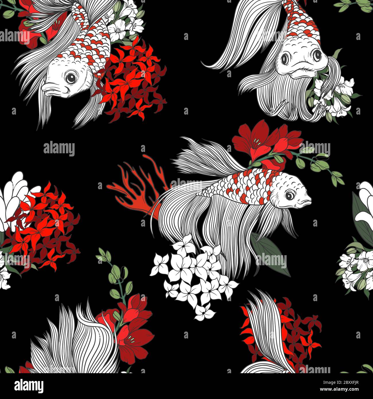 Seamless pattern with fish and flowers in graphic style. Vector Stock ...