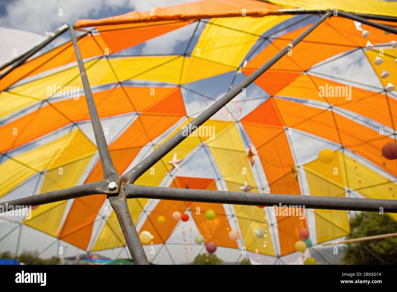 Mobile dome decoration design. A Geodesic Dome Tents. A hemispherical thin-shell structure lattice-shell based on a geodesic polyhedron. Stock Photo