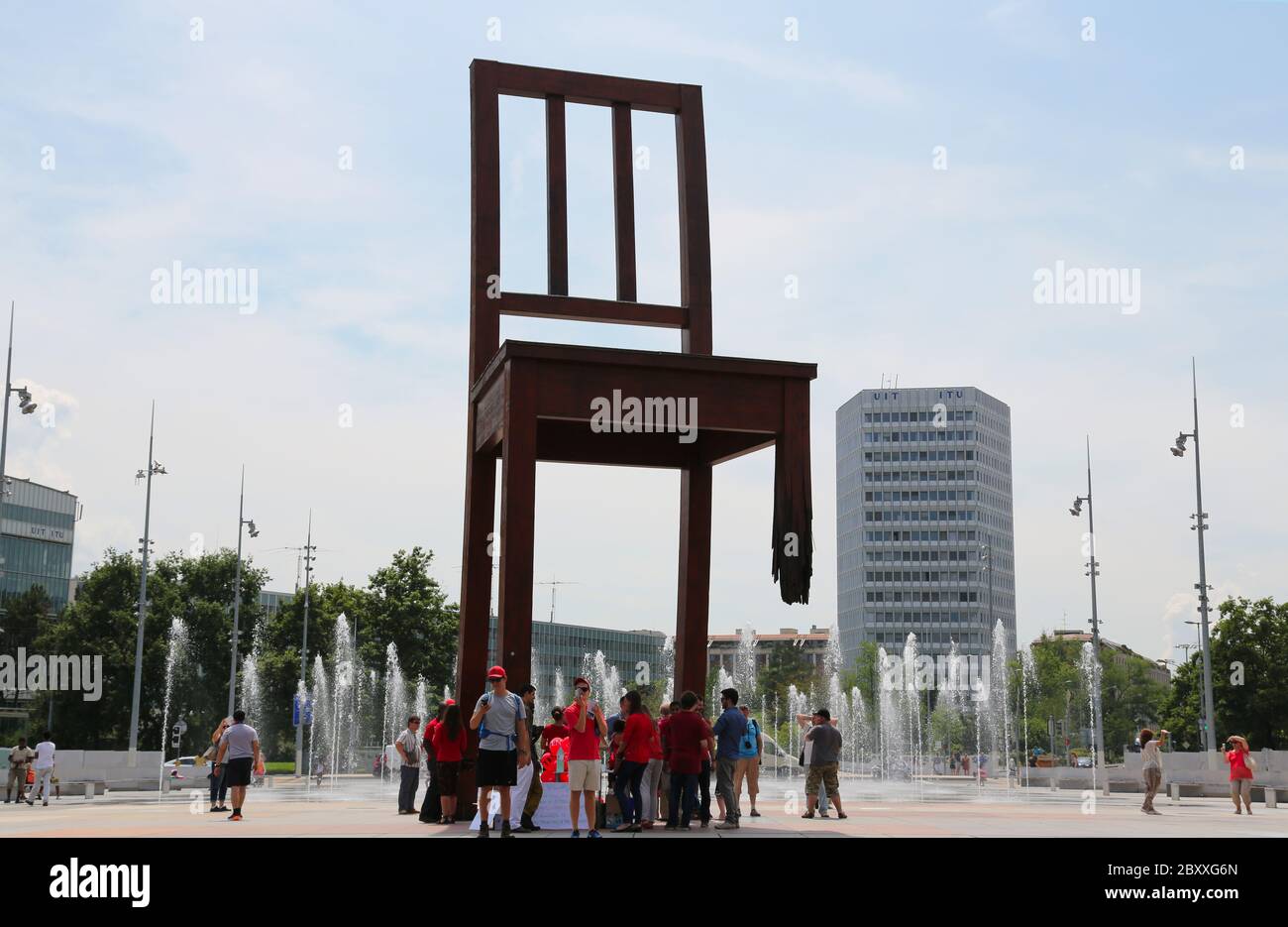 Three legged chair monument in Geneva, Switzerland Stock Photo