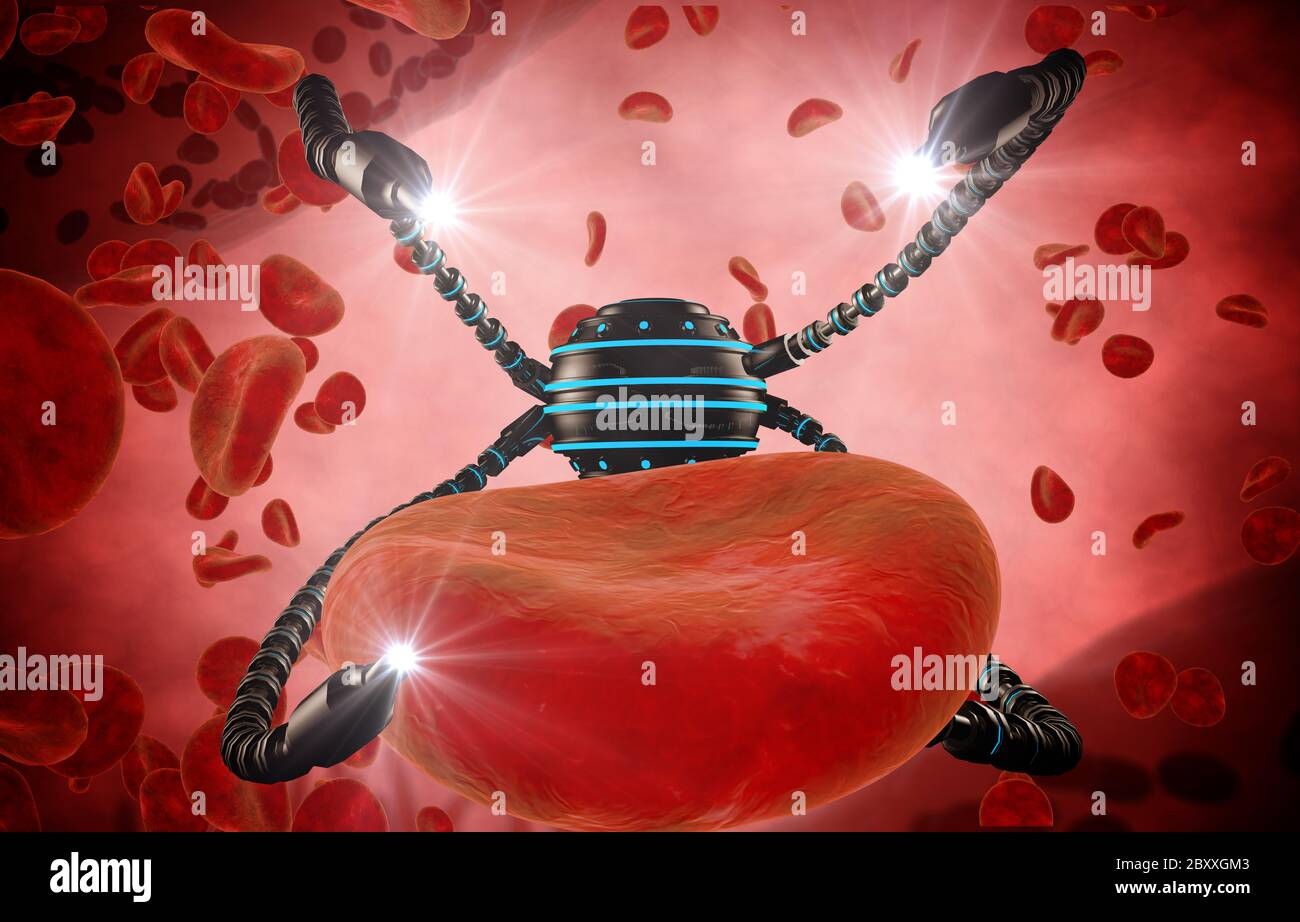 Nano robot and blood cell injection. Medical concept anatomical future. 3d rendering Stock Photo
