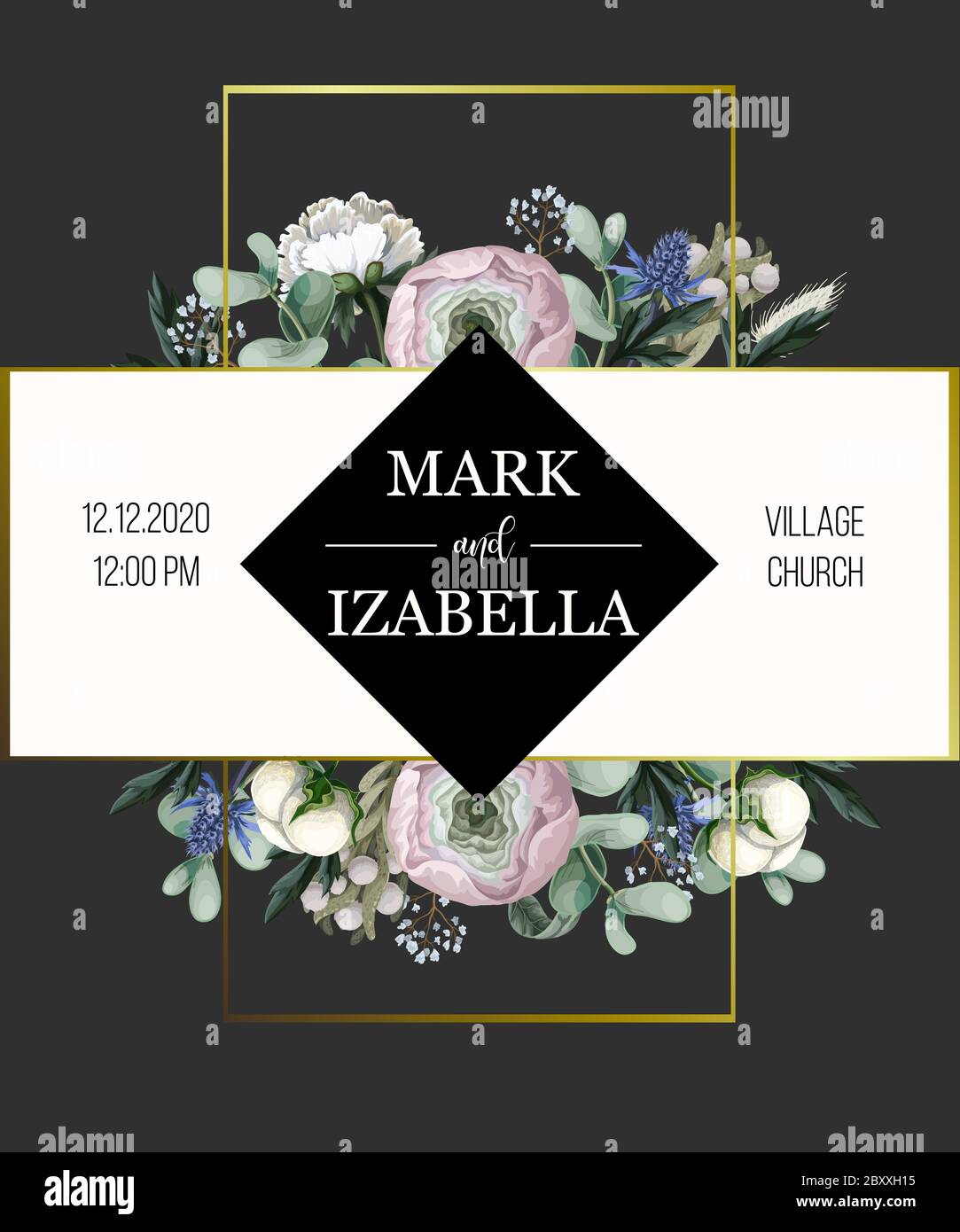 Delicate wedding invitation with ranunculus, eucalyptus and wild flowers . Vector. Stock Vector