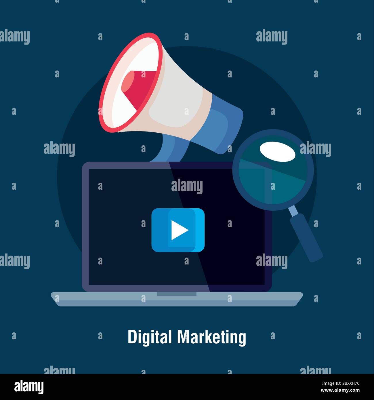 laptop with megaphone play button and lupe of digital marketing vector ...