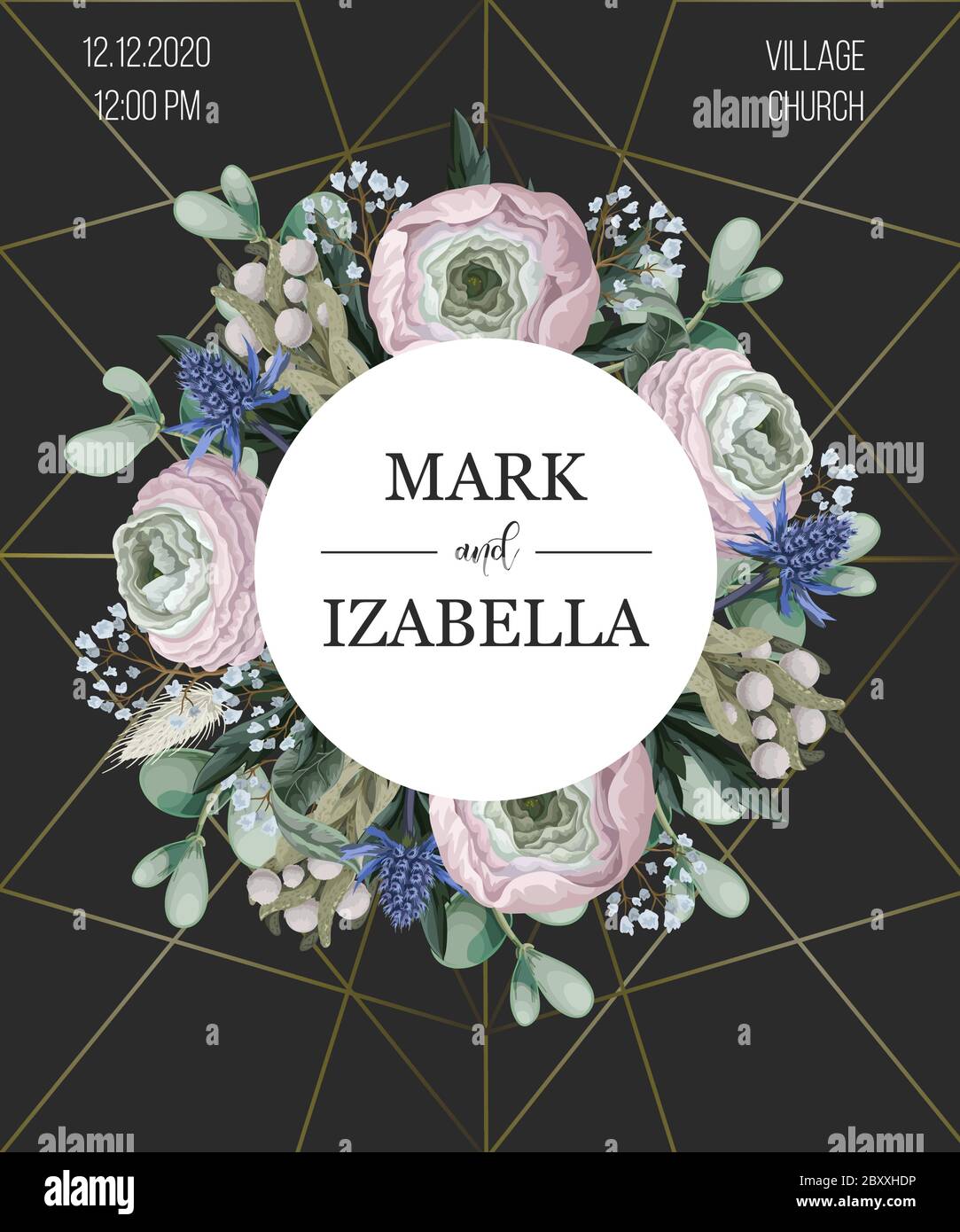 Delicate wedding invitation with ranunculus, eucalyptus and wild flowers . Vector. Stock Vector