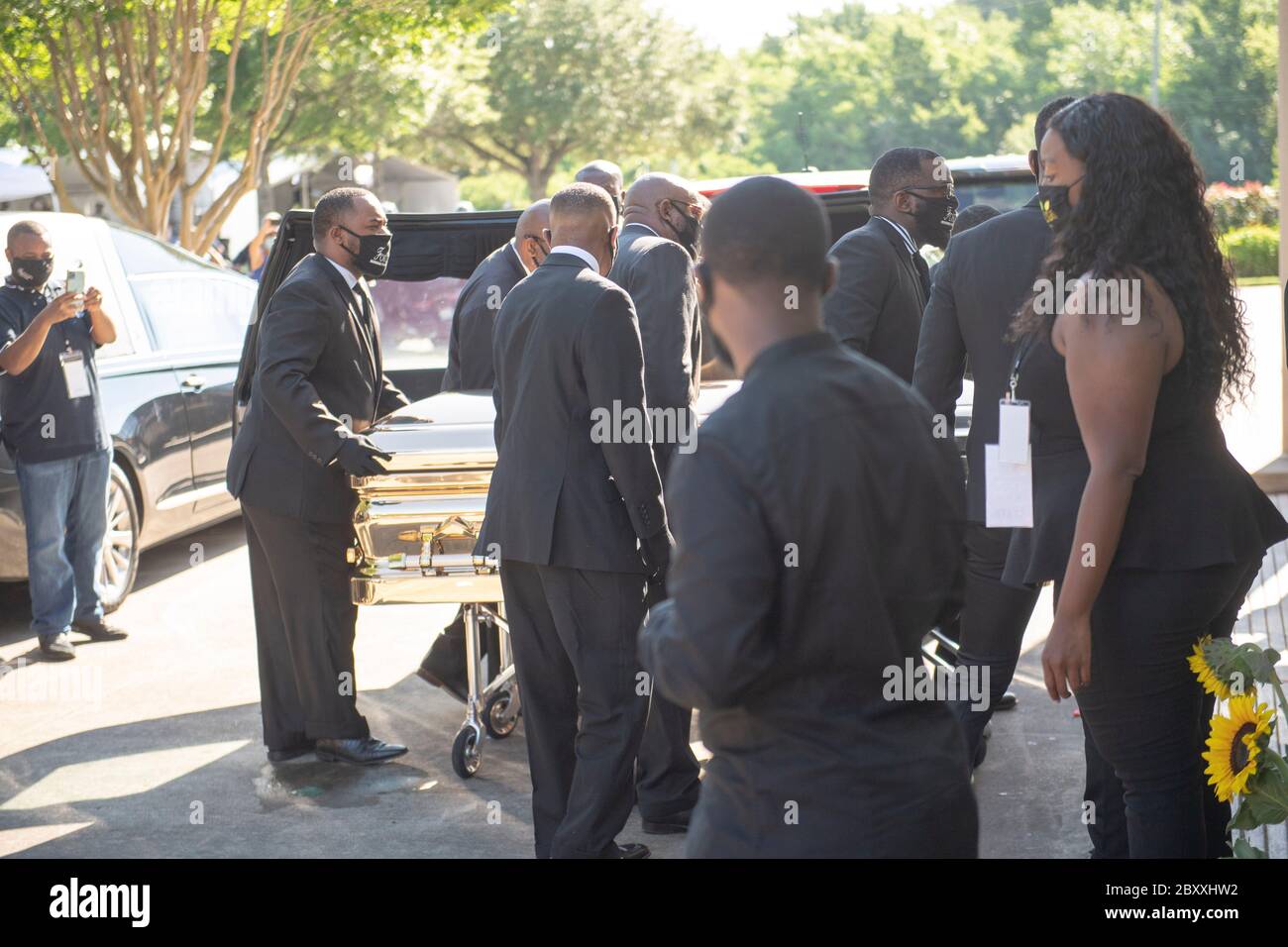 The casket of GEORGE FLOYD arrives at Fountain of Praise Church in Houston for the first of two memorial services before his burial on Tuesday. Floyd's death in Minneapolis two weeks ago at the hands of a white policeman has spawned hundreds of anti-racism protests worldwide. Stock Photo