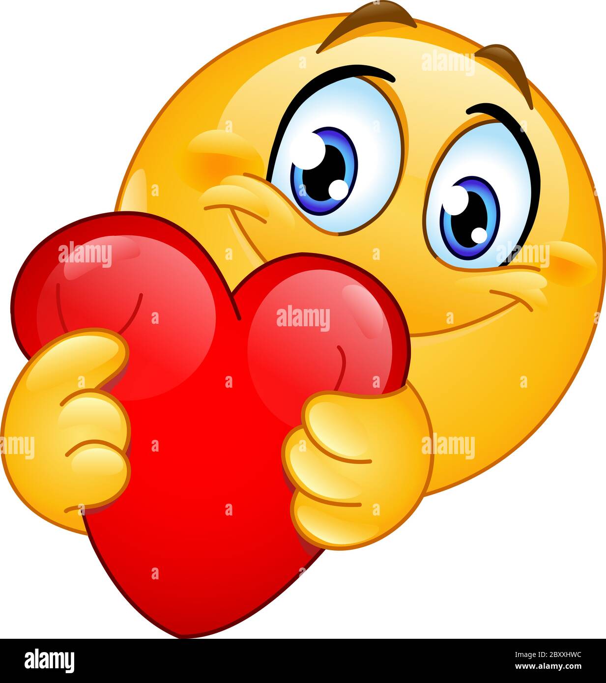 Happy emoji emoticon hugging a red heart Stock Vector