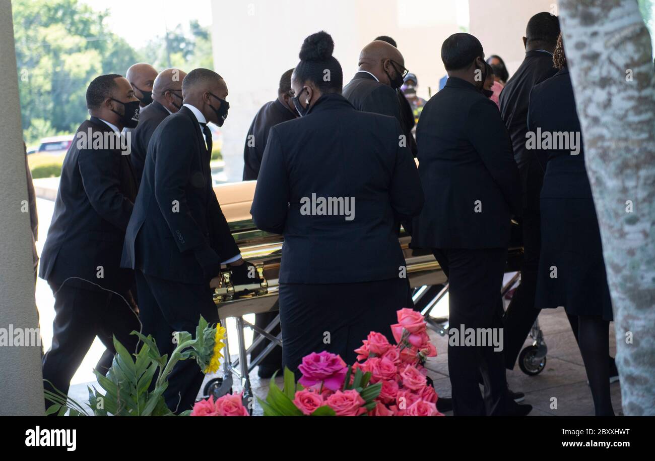 The casket of GEORGE FLOYD arrives at Fountain of Praise Church in Houston for the first of two memorial services before his burial on Tuesday. Floyd's death in Minneapolis two weeks ago at the hands of a white policeman has spawned hundreds of anti-racism protests worldwide. Stock Photo