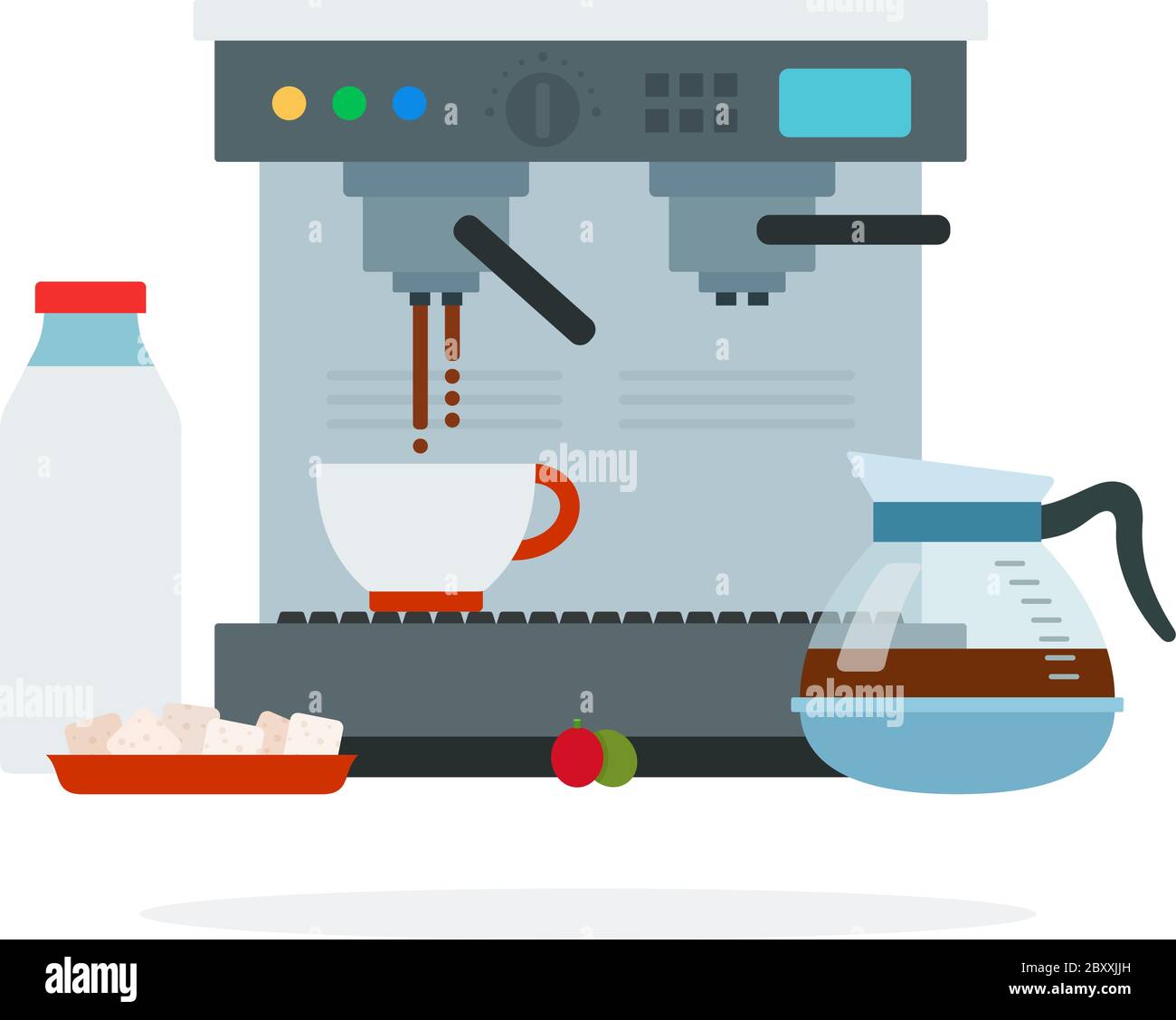 Coffee machine makes coffee, coffee jug and sugar cubes vector flat isolated Stock Vector Image