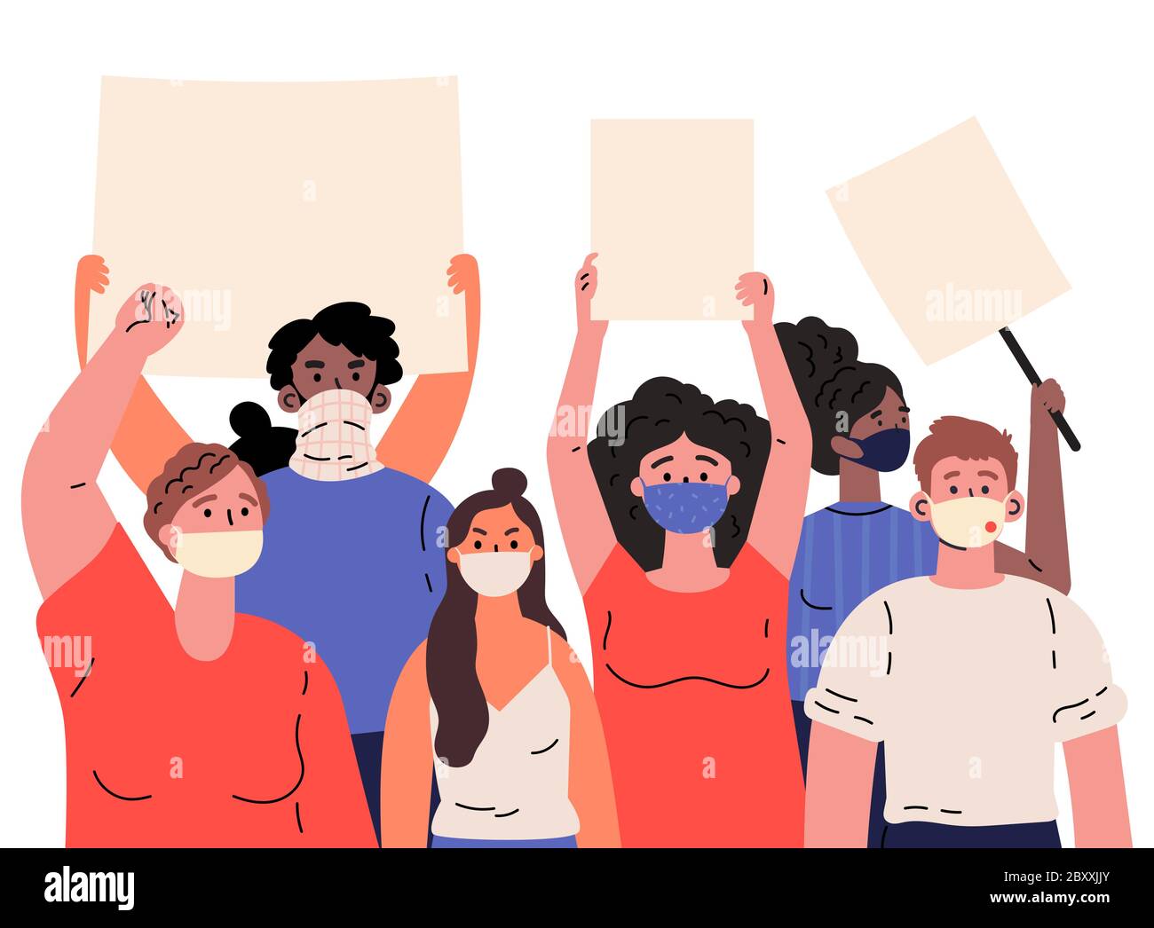 Men and women in mask taking part in protest,rally Stock Vector