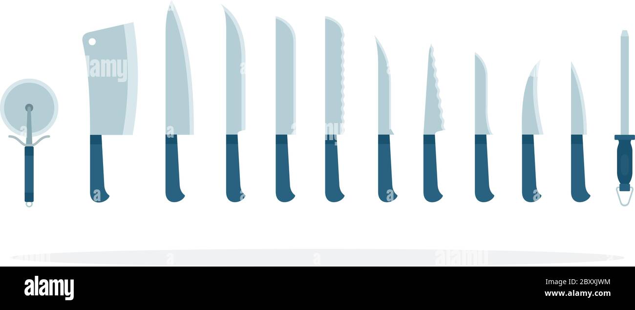 Sharp knives and other kitchen items in a row vector flat material