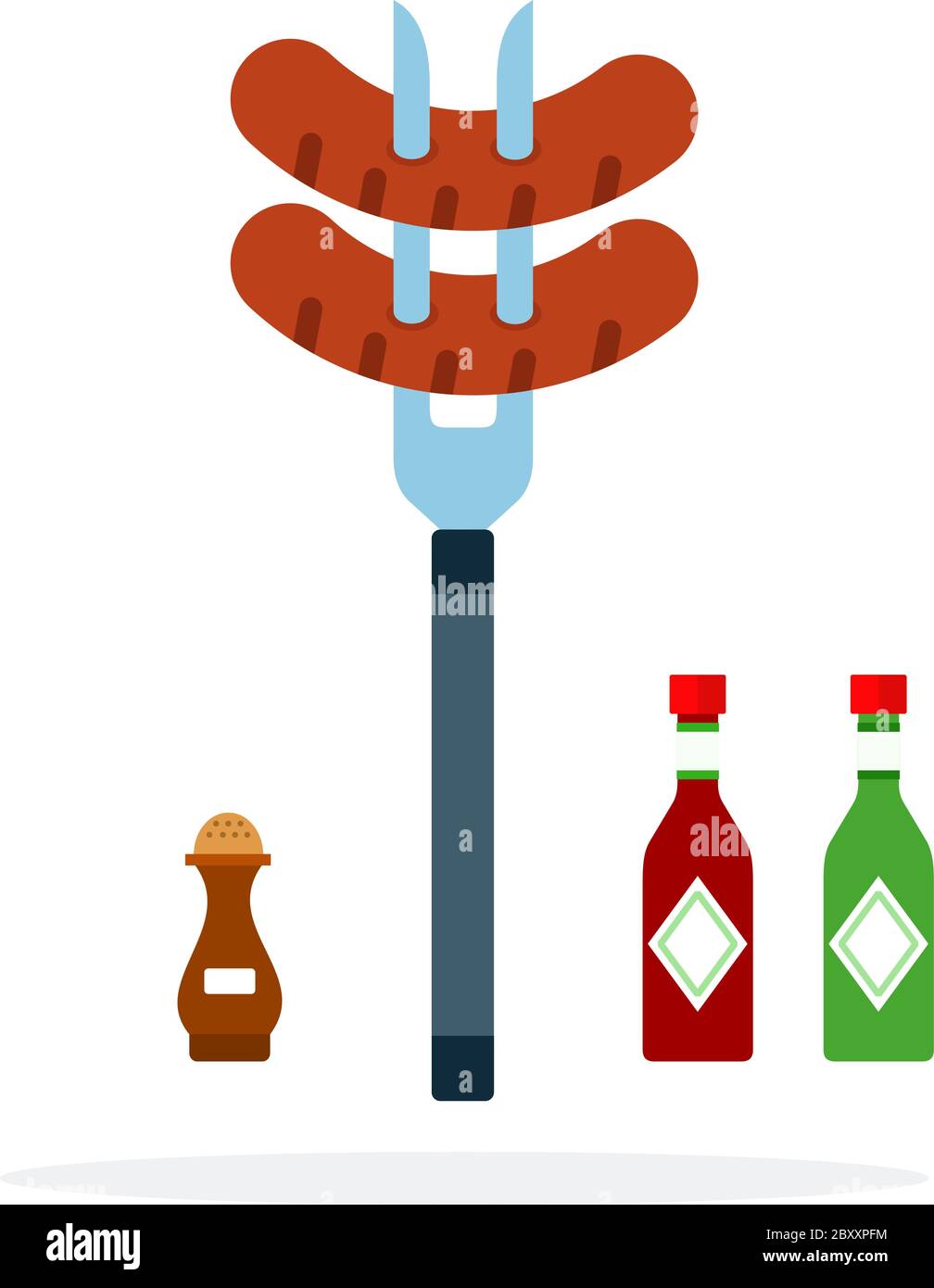 Sausage on a fork vector flat material design isolated object on white background. Stock Vector