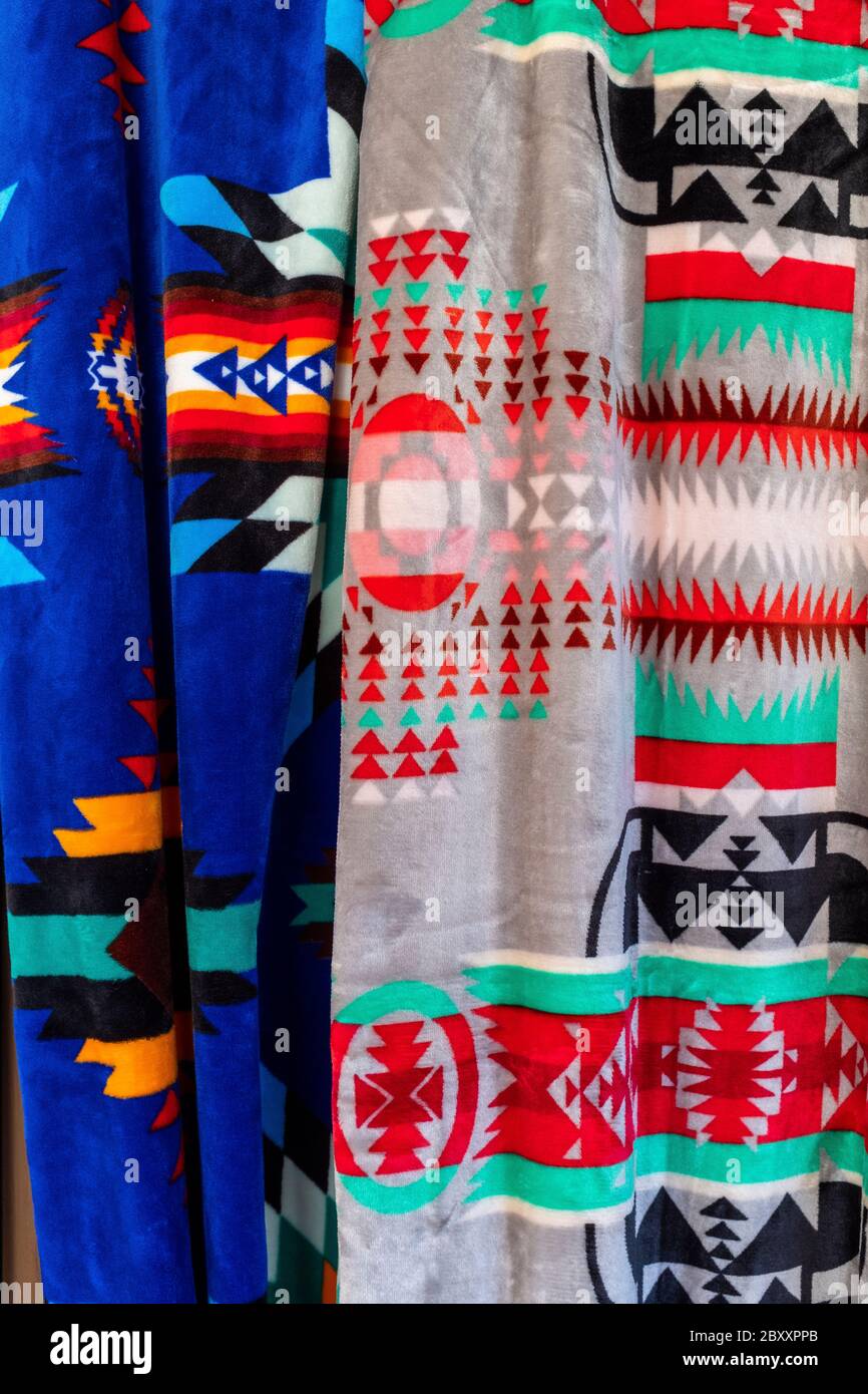 abstract colors of native blankets on sale in Old Town Albuquerque, New Mexico Stock Photo Alamy